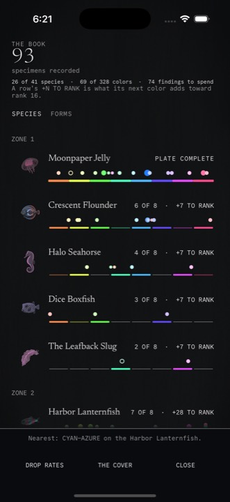 The Book: a ledger of deep-sea species, each with a rail of colored dots showing the hues collected so far.
