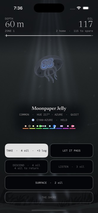 The dive screen: lamplight falling through dark water onto a pale jellyfish, with the move buttons priced in oil below.